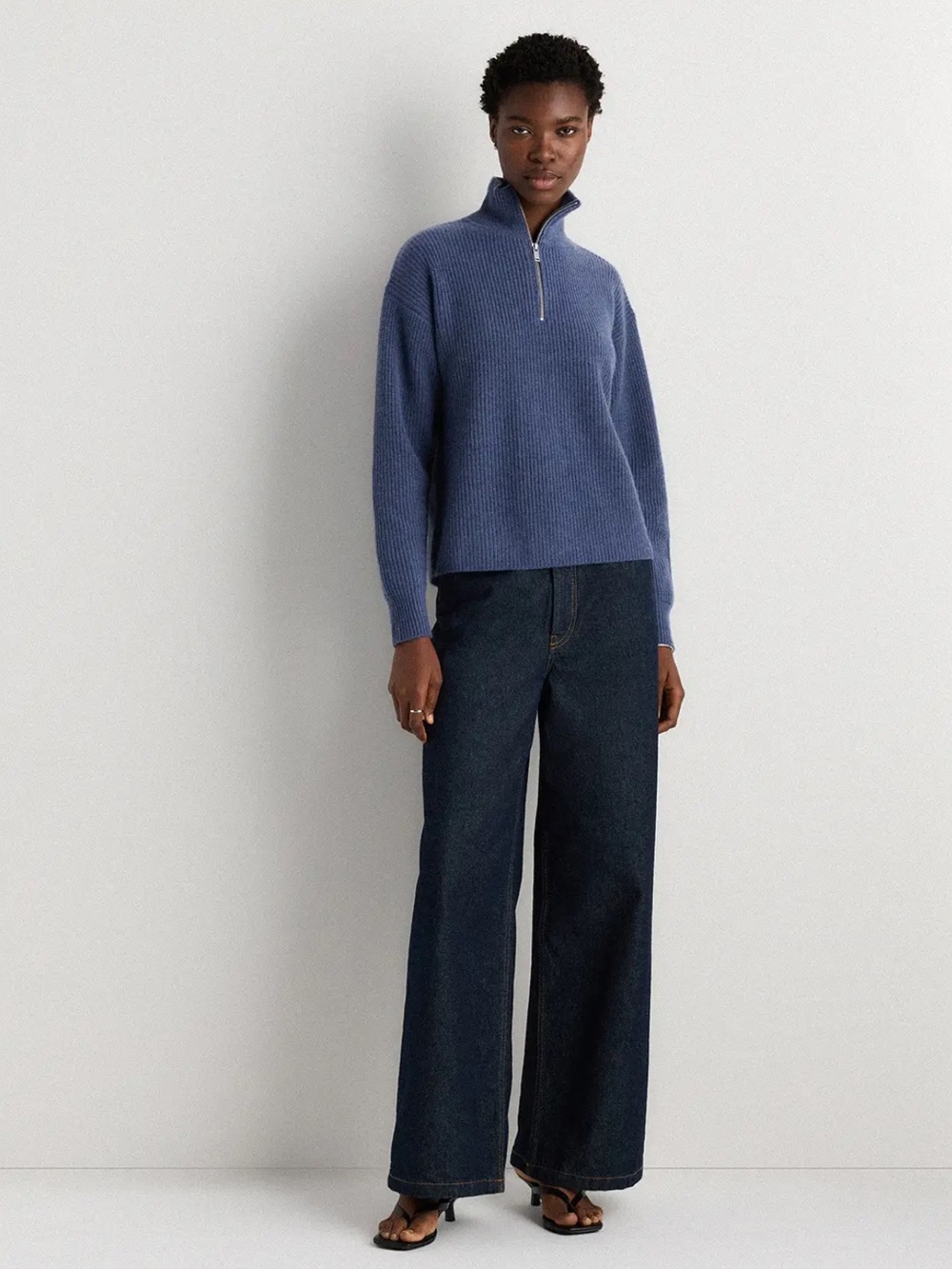 QUINCE Mongolian Cashmere Fisherman Quarter Zip Sweater - Heather Storm Blue- XS
